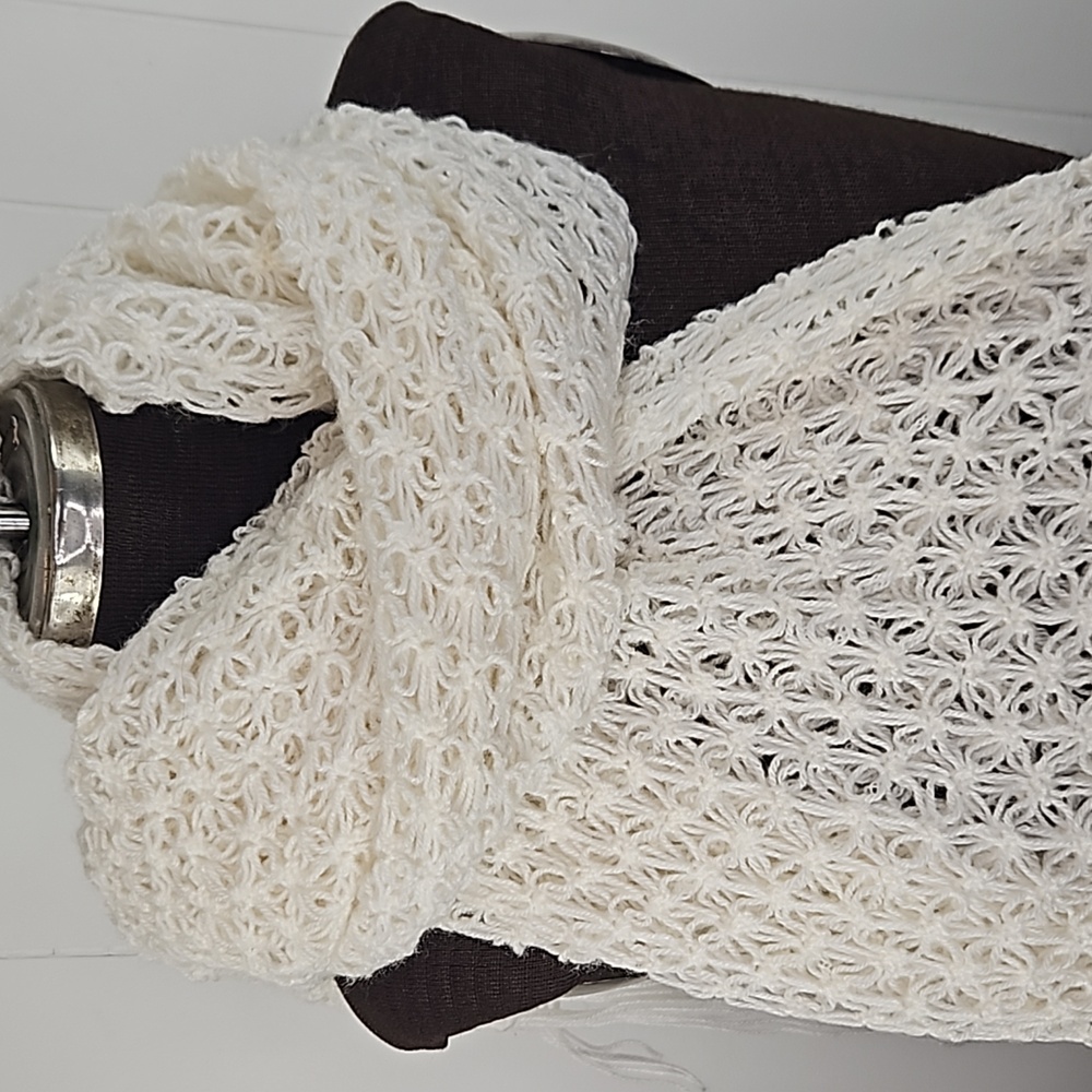 ivory open weave Wrap Shawl large scarf  long fringe hippie boho style Warm Cosy